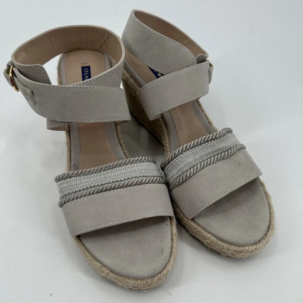 Stuart Weitzman Wedge Sandals Womens Size 9‎ Taupe Suede Espadrille Ankle Strap